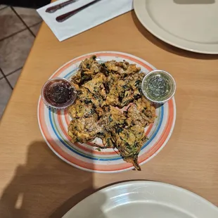 Palak Pakora, I enjoyed the red sauce. Green sauce not a fan