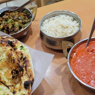Garlic Nan, bhindi, and paneer makhani!  The dishes were tasty.