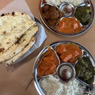 goat curry, chicken tikka masala, saag paneer, naan bread