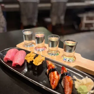 Sake Flight + toro, sea urchin, unagi nigiri