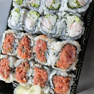 a tray of sushi