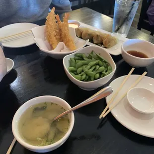 edamame, miso soup, shrimp tempura, vegetable spring roll