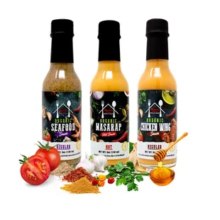 Masarap Sauce gift set: Gourmet Hot sauce, Chicken Wings Sauce, and Seafood Sauce with various Unique flavor experiences. contains habanero,