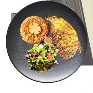 Vegan Menu: Eggplant with Jollof rice, salad and masarap sauce (Signature Sauce)