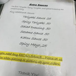Sauce price list