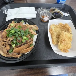 Teriyaki chicken bowl with extra chicken, tempura veggies