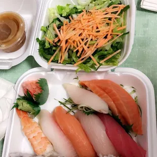 Sushi combo B, house salad, seaweed salad, and 3 pieces of sashimi a la carte