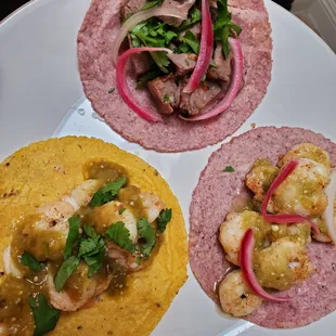 Steak and shrimp tacos with Masazul Tortillas and Salsas