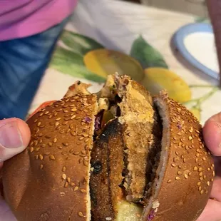 Juicy kebab burger on a sesame bun