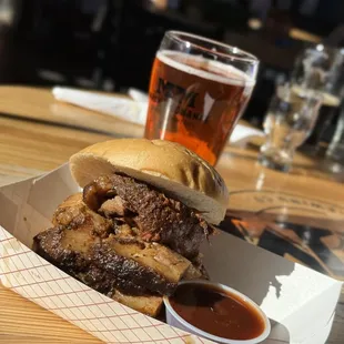 BBQ Brisket sandwich from Satge Stop Cantina and Mash beer