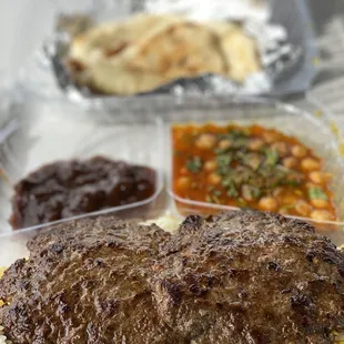 Chapli Kabab with Rice, Naan and Channa Masala on the side