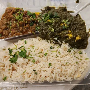 Vegetarian Combo: Baingan Bharta (eggplant) and Palak Paneer with rice.