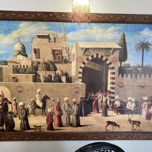 a painting of a group of people and a dog