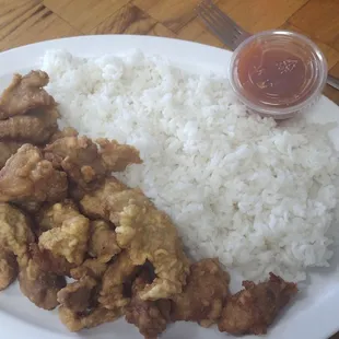 a plate of rice, meat and sauce