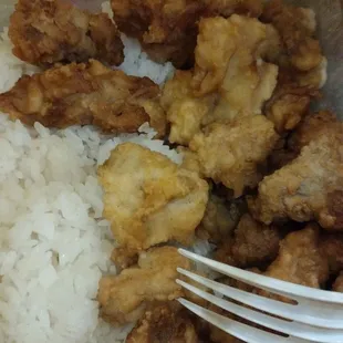 a plastic container filled with rice and chicken