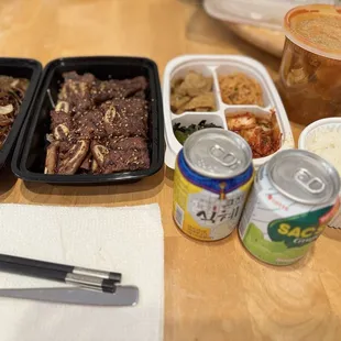 BBQ Short Ribs and Tofu soup (spicy) and Japchae. Comes with one rice and 4 banchan items.