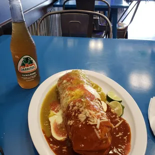 This is the Bandera Burrito with the Tamarind Jarritos!! I just about died and went back to my childhood to Ramiro&apos;s and Sons in Alameda!