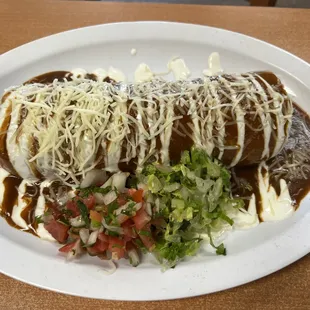 Wet burrito with red sauce and sour cream