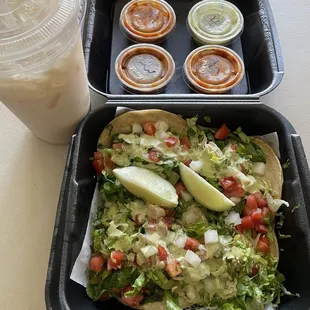 Taco tuesday! Horchata + 2 green chili beef tacos & 2 chicken tacos.