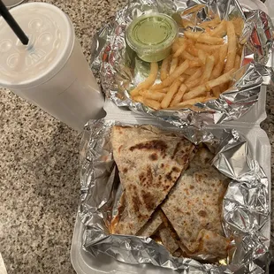 Birria Quesadilla with Fries, Cilantro Ranch, and Horchata!