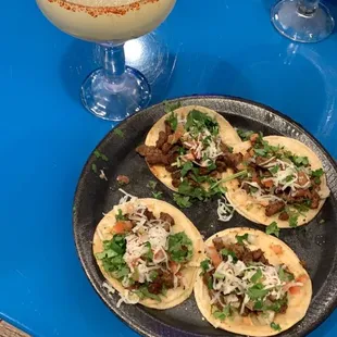 carne asada street tacos; frozen margaritas