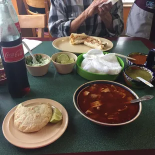 Menudo perfectly seasoned! Gordita Assada and breakfast burrito. Homemade torts!!