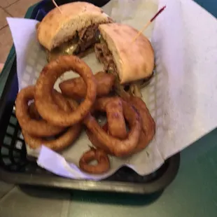 Cheesesteak Sandwich and Beet Battered Onion Rings