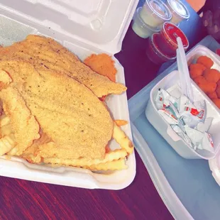2 Catfish Fillets with 3 Shrimp Platter  Fried Beer Battered Mushrooms