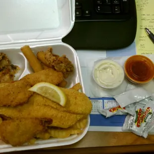 1 catfish, 3 oysters, 3 shrimp with fries and hush puppies