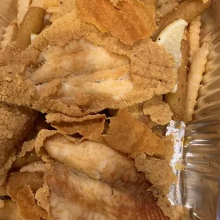 Catfish fillet. Dried, over cooked, over battered.