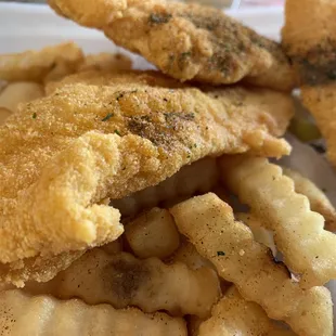 Fried catfish and fries.