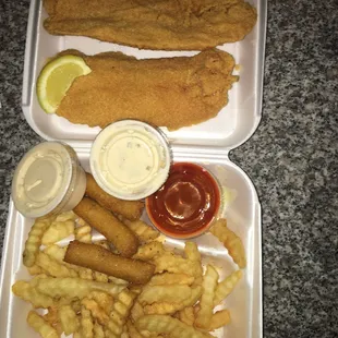 Catfish basket $4.99  4 piece chicken tender basket is $5.40