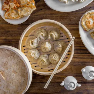 Pan fried chive pockets with soup dumplings