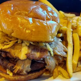 Brisket Hamburger  and lg portion of garlic fries.