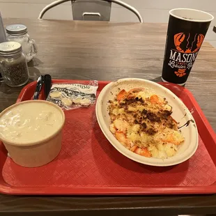 My dinner, chowda and lobster Mac and cheese