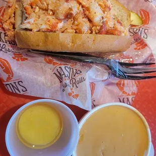 Traditional lobster roll and lobster bisque