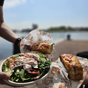 a hand holding a salad and a sandwich