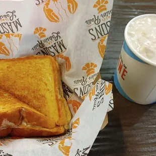 Grilled cheese and bowl of clam chowder