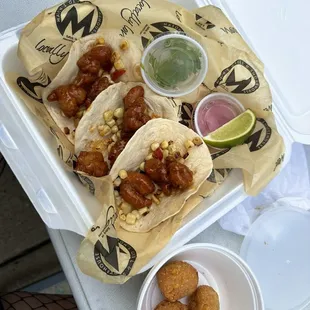 Shrimp Tender Taco, and Hush Puppies