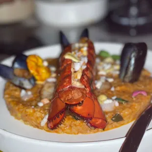 a plate of food with a lobster on it