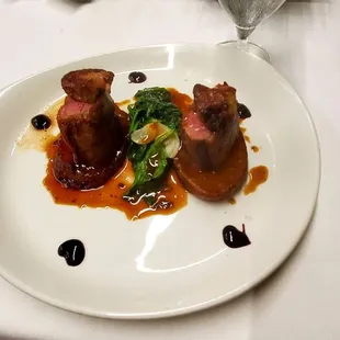 Duck breast with foie gras, truffle cognac potatoes and garlic spinach. This was DELICIOUS!