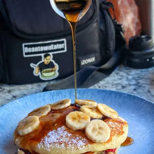 Donna&apos;s BlackBerry Raspberry Pancake topped with Fresh Banana