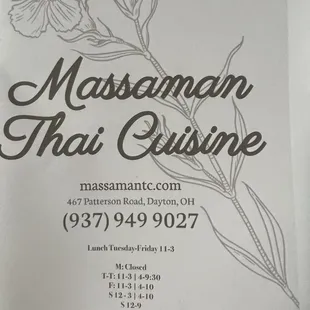 To go menu cover with hours. Note that they close for an hour most days.