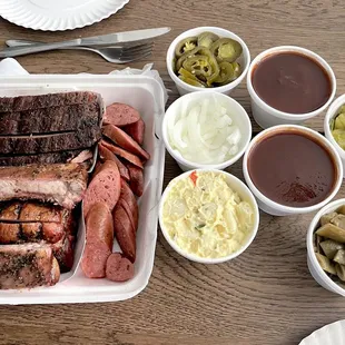 Brisket, pork ribs and spicy sausage...the sides and green beans were sooo good!