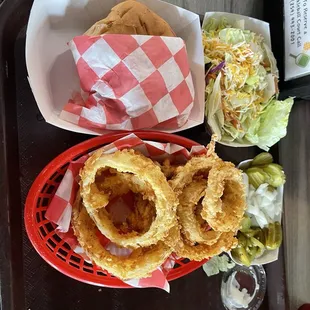 Burger, Onion Rings Basket; Side Salad; Onions and Jalapeños; Two cups of Ranch Dressing
