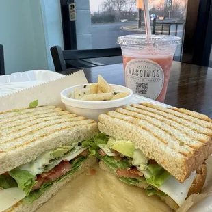 Strange Magic BLT with pasta salad and strawberry banana smoothie.