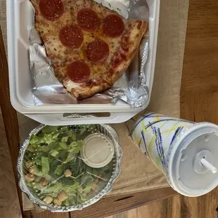 Pepperoni pizza, ceaser salad, and Dr Pepper. Combo #8. A great deal.