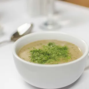 a bowl of soup on a table