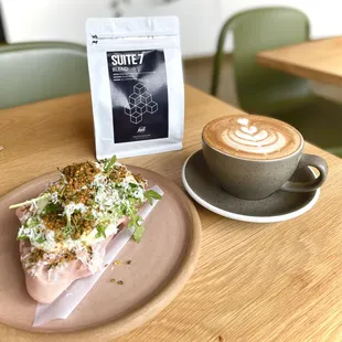 Breakfast tartine, mocha, in-house roasted suite 7 blend coffee beans