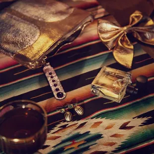 Winged Neck Bow in Apricot, Scarab Earrings, Fzotic Fragrance, Scarab Clutch